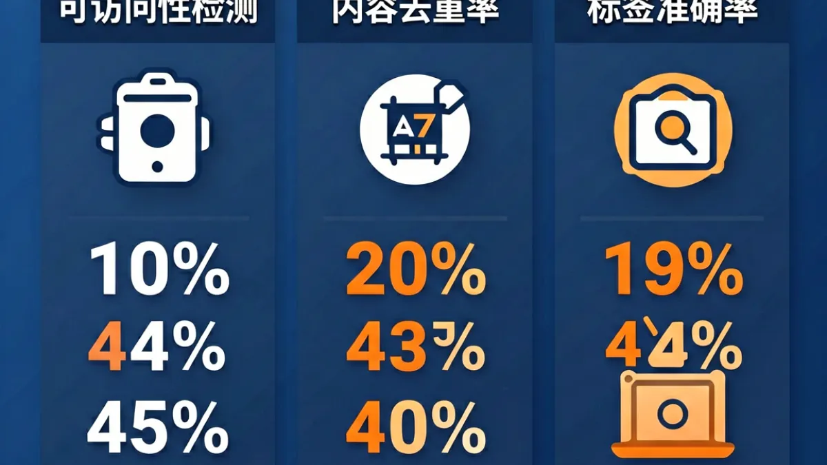 导航站收录质量评估示意图，展示可访问性检测、内容去重与标签准确率三个核心指标的对比分析图表
